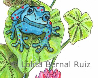 blue frog on lily pad painting amphibian art, pink flowers gift for mom, botanical pond flora and fauna, unframed reproduction  P103