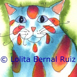 red and blue childs room, gift for cat lover, Tabby cat painting, animal wall decor, whimsical cat, Striped kitten, unframed 4 x 6 cat, P106 image 2