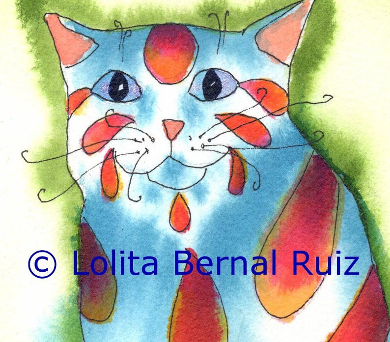 red and blue childs room, gift for cat lover, Tabby cat painting, animal wall decor, whimsical cat, Striped kitten, unframed 4 x 6 cat, P106 image 2