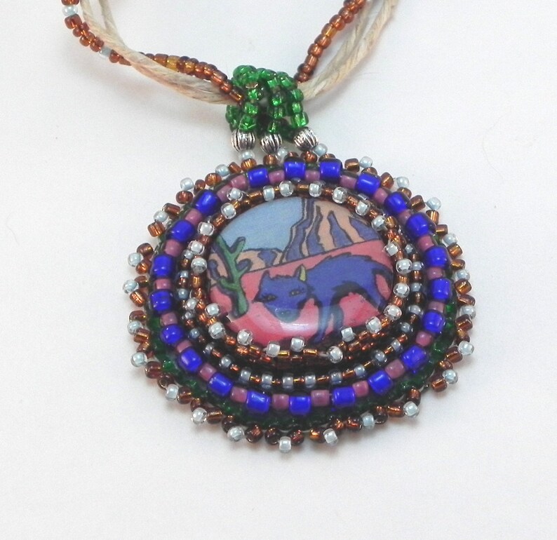 N203 desert art blue whimsical coyote necklace cartoony wearable art coyote art jewelry unusual blue coyote necklace