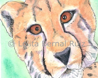 cheetah art / big cat painting / wildlife art / cheetah cub / Wild animal / cross eyed / animal / reproduction / 8 x 10 inch / P112