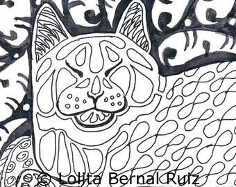 Cat zentangle, kitty doodle, ink drawing print, zendoodle, illustration, black and white, reproduction, 8 x 10 inch, P109