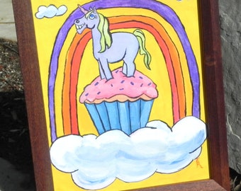 purple smiling unicorn with rainbow cupcake and cloud art, happy unicorn fantasy creature  nursery art  UNFRAMED  8 x 10 inches / P140