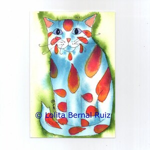 red and blue childs room, gift for cat lover, Tabby cat painting, animal wall decor, whimsical cat, Striped kitten, unframed 4 x 6 cat, P106 afbeelding 1