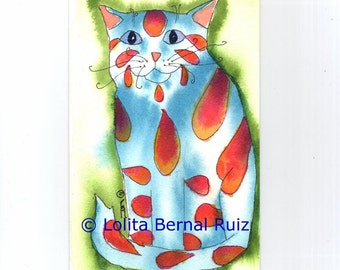 red and blue childs room, gift for cat lover, Tabby cat painting, animal wall decor, whimsical cat, Striped kitten, unframed 4 x 6 cat, P106