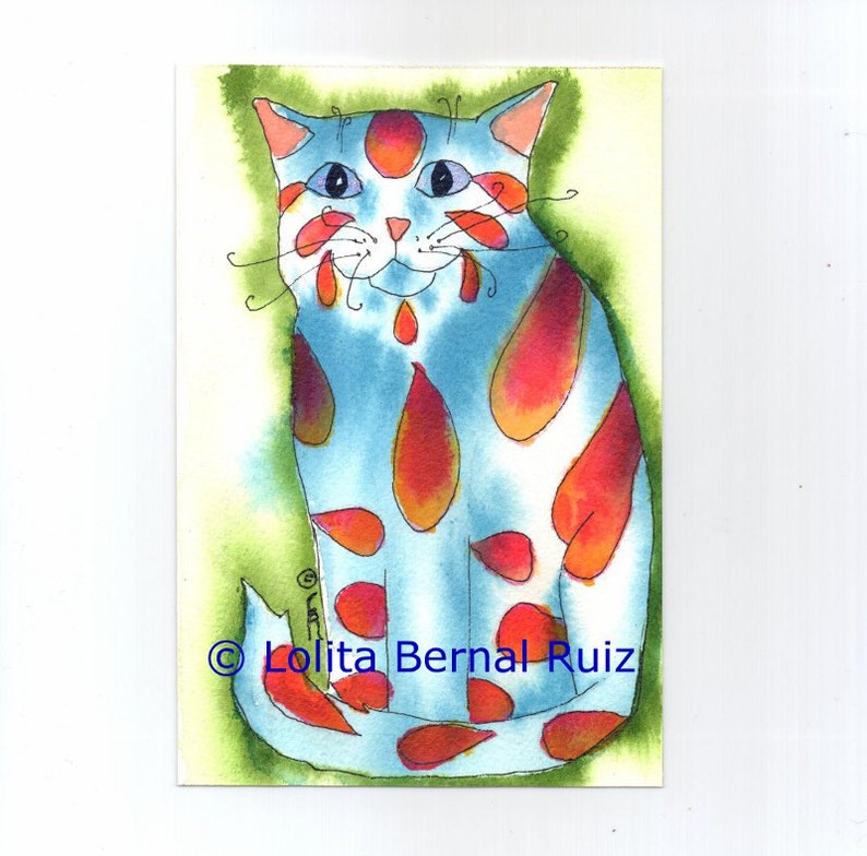 red and blue childs room, gift for cat lover, Tabby cat painting, animal wall decor, whimsical cat, Striped kitten, unframed 4 x 6 cat, P106 image 1