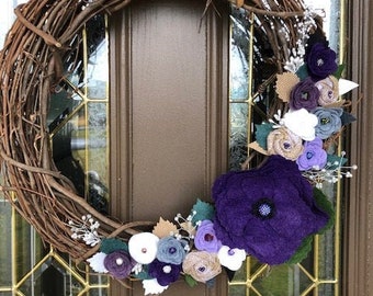 Purple felt poppy wreath, purple felt flower wreath, housewarming wreath, purple flower wreath, farmhouse decor, housewarming gift