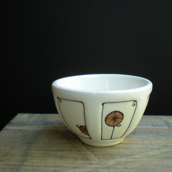 small ice cream bowl with pinwheel flowers, ceramic orange and white bowl, small bowl for child