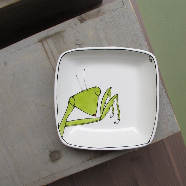 Green praying mantis tray, small ceramic spring insect tray / plate for her