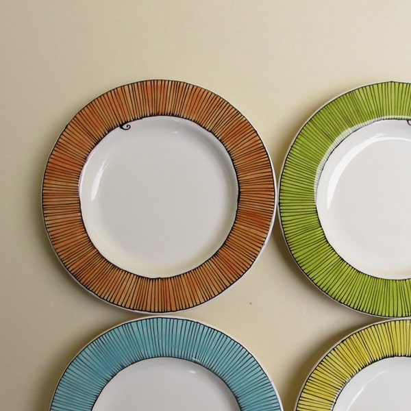 Set of four small pinwheel stripe plates, orange, blue, green yellow summer spring garden plate, wedding, home decor gift for mother's day