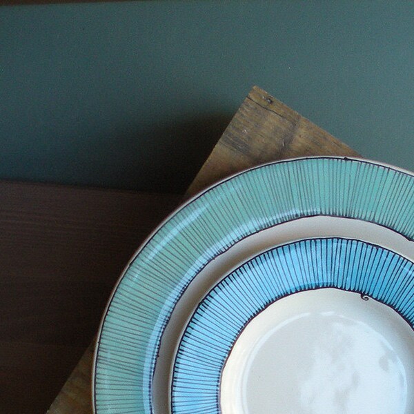 Two ceramic blue stripe plates, two nesting summer blue plate set home decor, nautical blue wedding spring garden gift