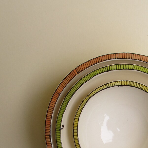 Three nesting bowls,  orange, green, yellow stripe ceramic bowl, wedding gift