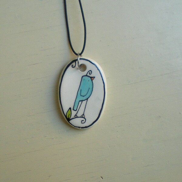 Blue bird ceramic necklace pendant, spring garden gift for her, co worker, gardener, mom, gift under 25