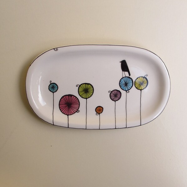 Ceramic colorful black bird tray / soap dish, spring garden gift for Father's Day