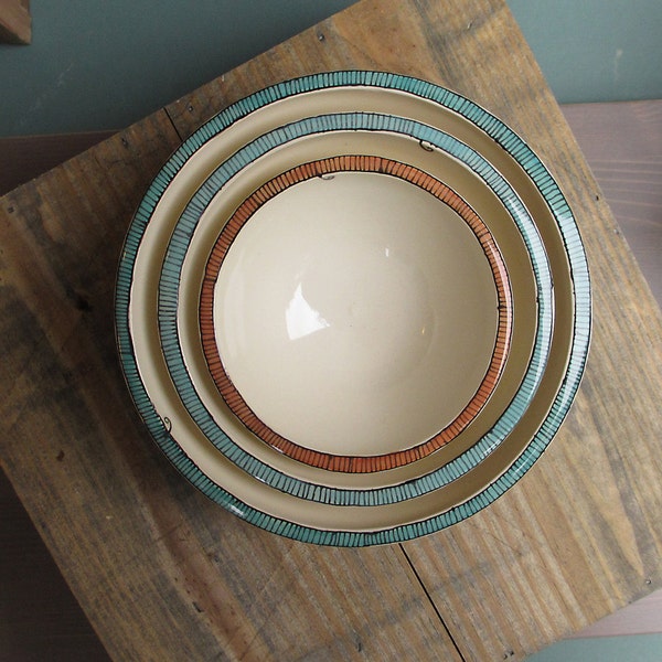 Three nesting bowls blue and orange, geometric stripe bowl, wedding gift, home decor gift for mom