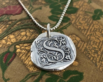 Initial Cap Wax Seal Inspired Necklace - handmade, fine silver