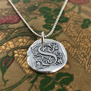 Initial Cap Wax Seal Inspired Necklace - handmade, fine silver