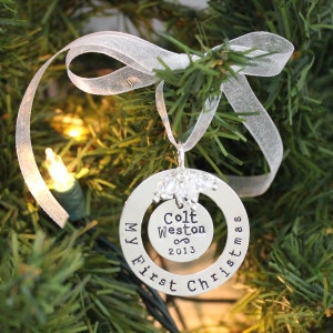 My First Christmas hand stamped and personalized sterling silver ornament image 1