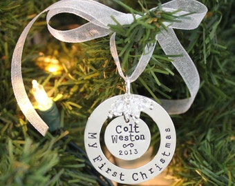 My First Christmas hand stamped and personalized sterling silver ornament