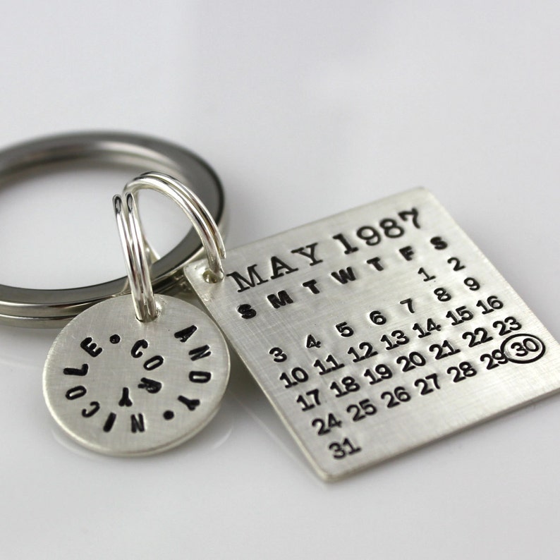 Keychain Mark Your Calendar Keychain hand stamped and personalized sterling silver key chain with name or message charm image 1