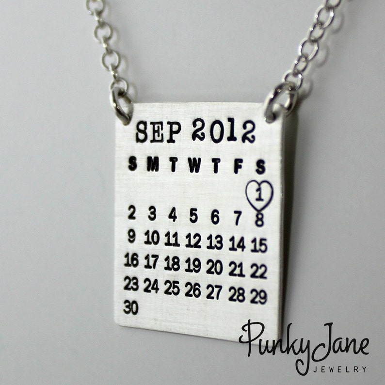 Mark Your Calendar Necklace hand stamped personalized sterling silver necklace top hang design image 2