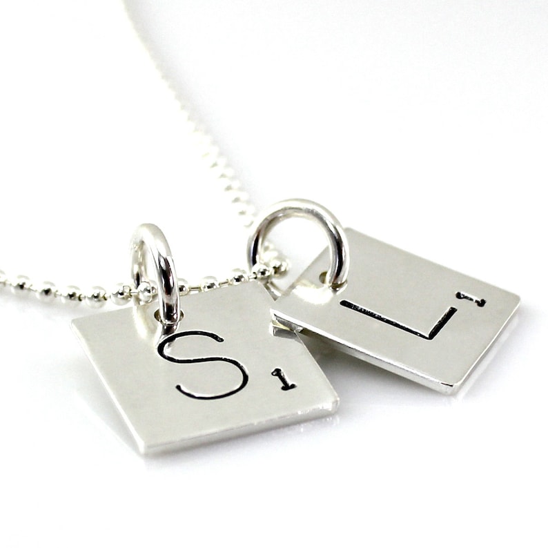 Scrabble Tile Inspired Necklace Hand Stamped and Personalized Sterling Silver Initial Tile Necklace Words with Friends Inspired Necklace