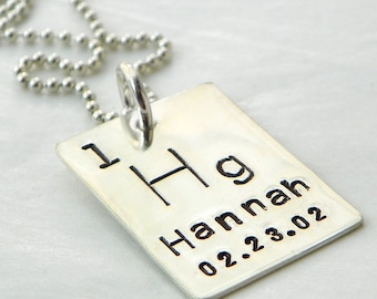 Periodic Table Element hand stamped personalized sterling silver necklace - Geekery