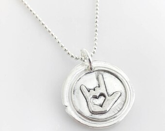 ASL I Love You Symbol Wax Seal Inspired Necklace - handmade, fine silver