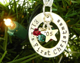 First Christmas hand stamped and personalized sterling silver ornament