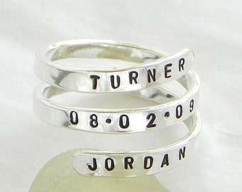 Hand stamped and personalized sterling silver spiral ring