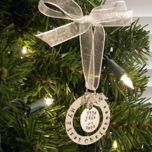 My First Christmas hand stamped and personalized sterling silver ornament image 2