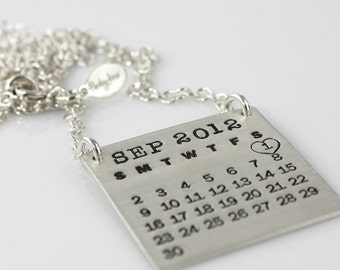 Mark Your Calendar Necklace - hand stamped personalized sterling silver necklace -- top hang design