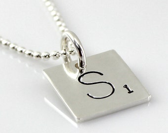 Scrabble Tile Inspired Necklace - Hand Stamped and Personalized Sterling Silver Initial Tile Necklace - Words with Friends Inspired Necklace
