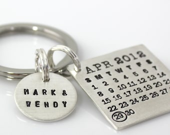 Keychain - Mark Your Calendar Keychain hand stamped and personalized sterling silver key chain with You & Me charm