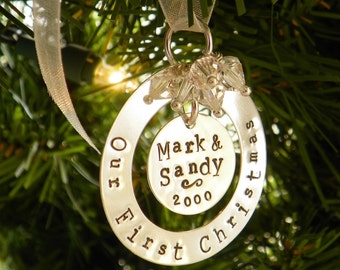 Our First Christmas hand stamped and personalized sterling silver ornament