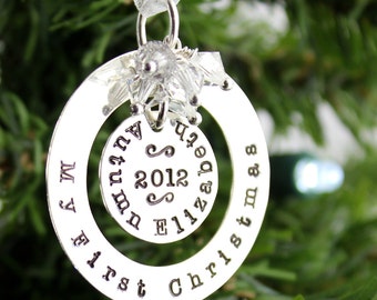 My First Christmas hand stamped and personalized sterling silver ornament - design for longer names