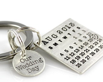 Hand Stamped Mark Your Calendar Keychain: Sterling Silver Our Wedding Day Keepsake