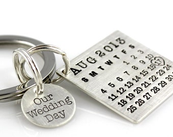 Our Wedding Day Keychain - Mark Your Calendar Keychain hand stamped and personalized sterling silver key chain with charm