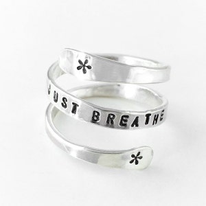 Just Breathe Ring - hand stamped sterling silver spiral ring - can be personalized