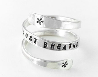 Just Breathe Ring - hand stamped sterling silver spiral ring - can be personalized
