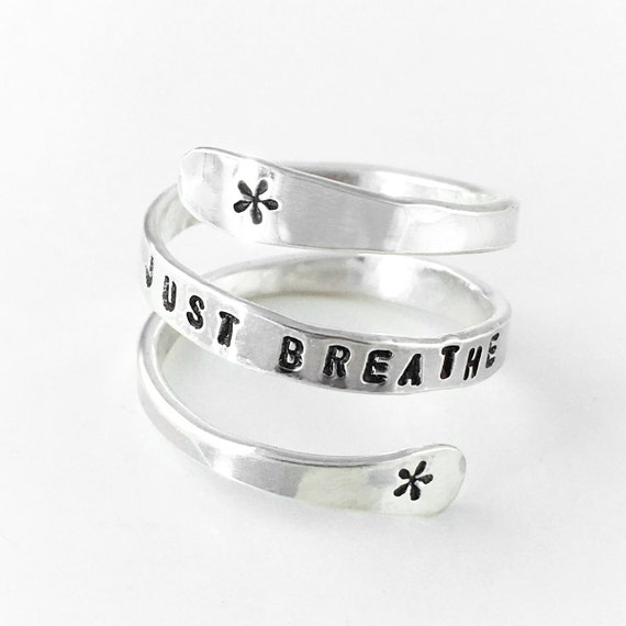 Just Breathe Ring - hand stamped sterling silver spiral ring - can be personalized