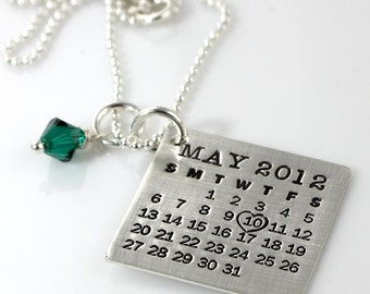 The Original Hand Stamped Calendar Necklace - Mark Your Calendar - personalized sterling silver calendar necklace with crystal