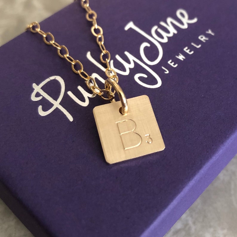 Scrabble Tile Inspired Necklace Hand Stamped and Personalized Gold Filled Initial Tile Necklace Words with Friends Inspired Necklace image 4