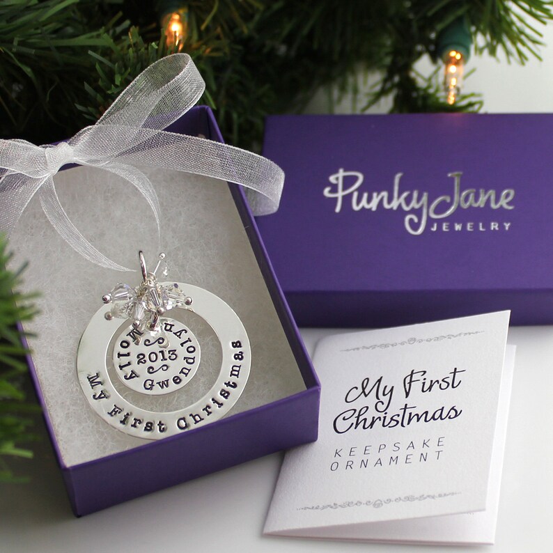 My First Christmas hand stamped and personalized sterling silver ornament image 4