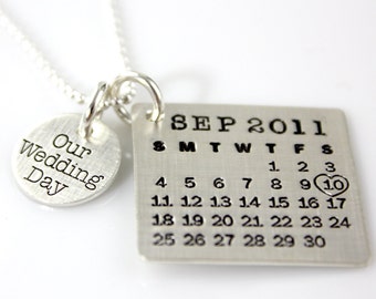 Our Wedding Day Mark Your Calendar necklace - hand stamped and personalized sterling silver necklace