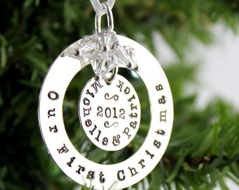 Our First Christmas hand stamped and personalized sterling silver ornament - New design for longer names