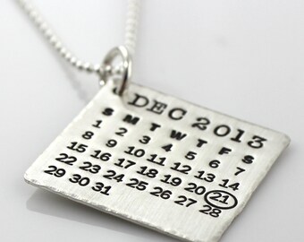 Personalized Mark Your Calendar Necklace - personalized sterling silver calendar necklace with hammered edge