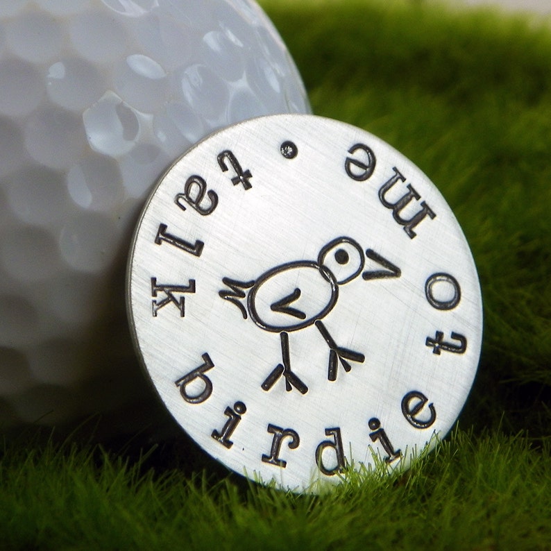 Talk Birdie To Me hand stamped sterling silver golf ball marker image 2