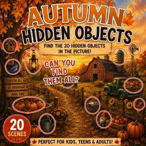 Op de afbeelding: Een herfstachtig zoekplaatje met een boerderijtafereel, een rode schuur, een groene vrachtwagen, pompoenen en herfstbladeren. De tekst luidt: AUTUMN HIDDEN OBJECTS, FIND THE 20 HIDDEN OBJECTS IN THE PICTURE!, CAN YOU FIND THEM ALL?, 20 SCENES.