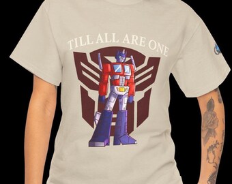 Optimus Prime G1 TShirt  Till All Are One Graphic Tee  Matrix of Leadership Sleeve  Transformers Fan Art Shirt  Autobot Unisex Tee
